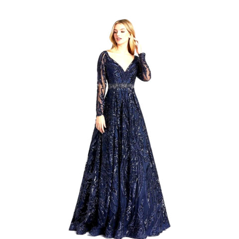 NEW Mac Duggal Navy Blue Damask Sequin Beaded Prom Ballgown Size 20 $598 for sale at Nostalgik Vibes