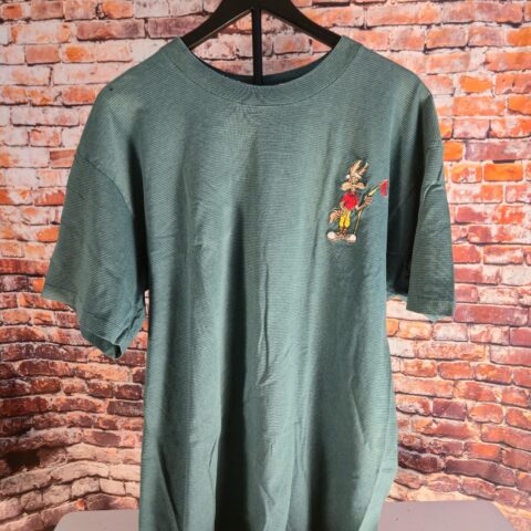 Wile E Coyote Golf Embroidered T Shirt Green Striped Looney Tunes Mens Tee Adult for sale at Nostalgik Vibes