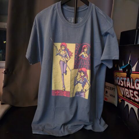 Vintage One Piece Nami Anime T-Shirt Size Large Blue Official Licensed Tee for sale at Nostalgik Vibes