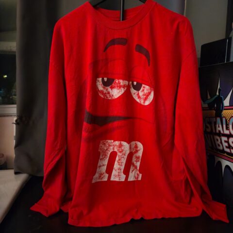 M&M’s Red Character Face Graphic Long Sleeve T-Shirt Red Tee Mens XXL for sale at Nostalgik Vibes
