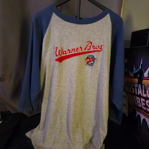 Vintage Warner Bros Raglan 3/4 Sleeve Shirt Baseball Tee Gray Blue Size L for sale at Nostalgik Vibes