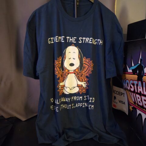 Snoopy Funny Meditation Graphic T-Shirt “Give Me the Strength” Vintage Tee 2XL for sale at Nostalgik Vibes