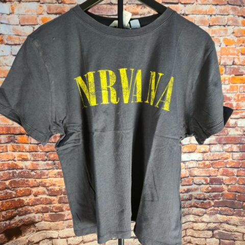 Nirvana Smiley Logo Graphic T Shirt Black H&M Mens Large Grunge Band Tee for sale at Nostalgik Vibes