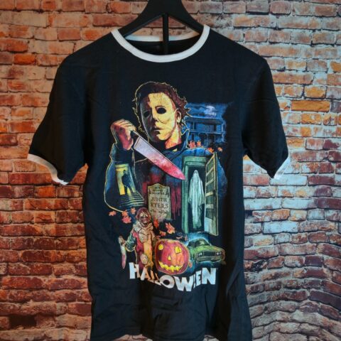 Halloween Michael Myers Horror Movie Graphic T Shirt Black Ringer Adult Large for sale at Nostalgik Vibes