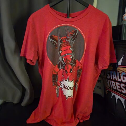Marvel Deadpool Tacos T-Shirt Size Large Red Graphic Tee Comic Antihero Mens for sale at Nostalgik Vibes