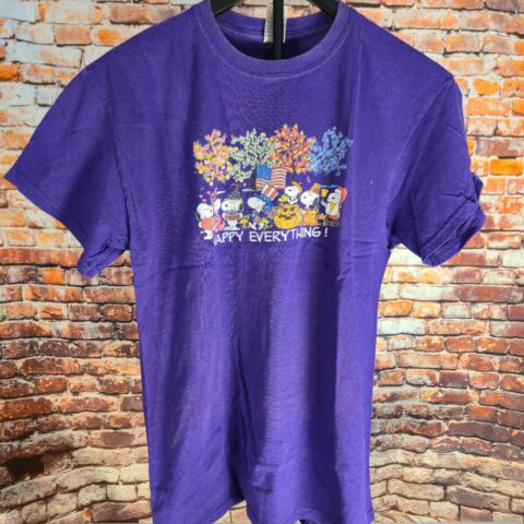 Snoopy Peanuts Happy Everything Graphic T Shirt Purple Gildan Mens Medium Tee for sale at Nostalgik Vibes