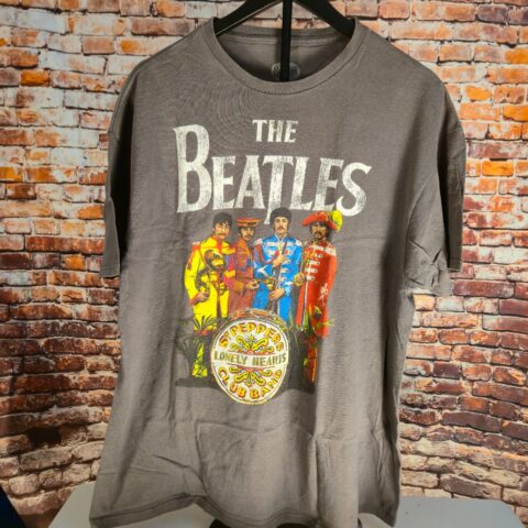 Beatles Sgt Pepper Lonely Hearts Club Band Graphic T Shirt Gray Mens XL Rock Tee for sale at Nostalgik Vibes