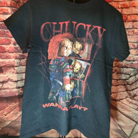 Child’s Play Chucky T-Shirt Mens Small Black Horror Movie Wanna Play Graphic Tee for sale at Nostalgik Vibes