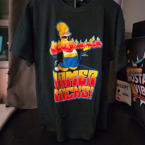 The Simpsons Homer Rocks Graphic T-Shirt Large Black Homer Simpson Guitar Tee for sale at Nostalgik Vibes