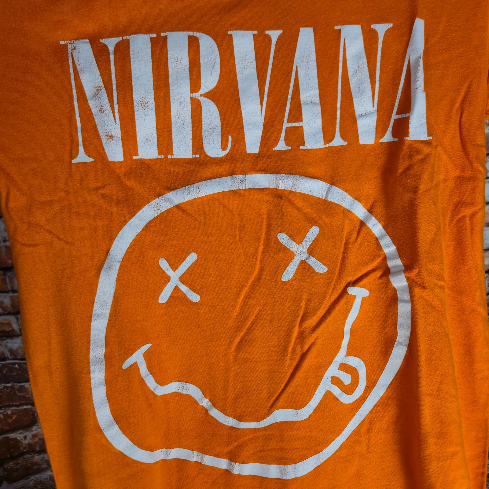 Nirvana Smiley Face T Shirt M Orange Kurt Cobain Grunge Band Logo Graphic - detail view