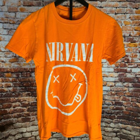 Nirvana Smiley Face T Shirt M Orange Kurt Cobain Grunge Band Logo Graphic for sale at Nostalgik Vibes
