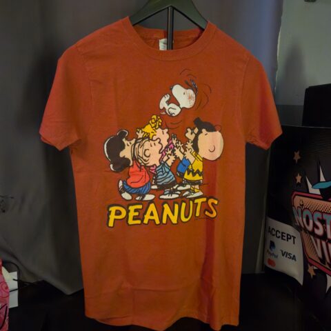 Peanuts Gang Party Graphic T-Shirt Charlie Brown Snoopy Cartoon Tee Size S for sale at Nostalgik Vibes