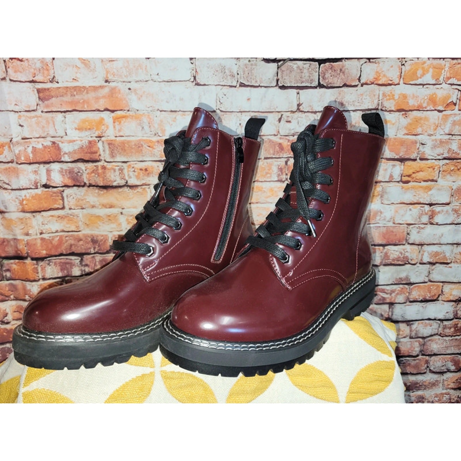 Dunes Cannon Maroon Combat Boot Women Size 11 Patent Vegan Leather NWT
