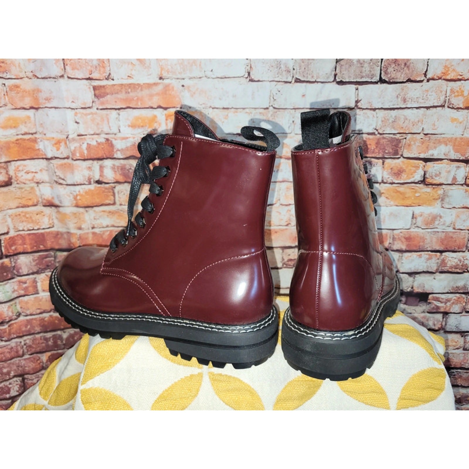 Dunes Cannon Maroon Combat Boot Women Size 11 Patent Vegan Leather NWT