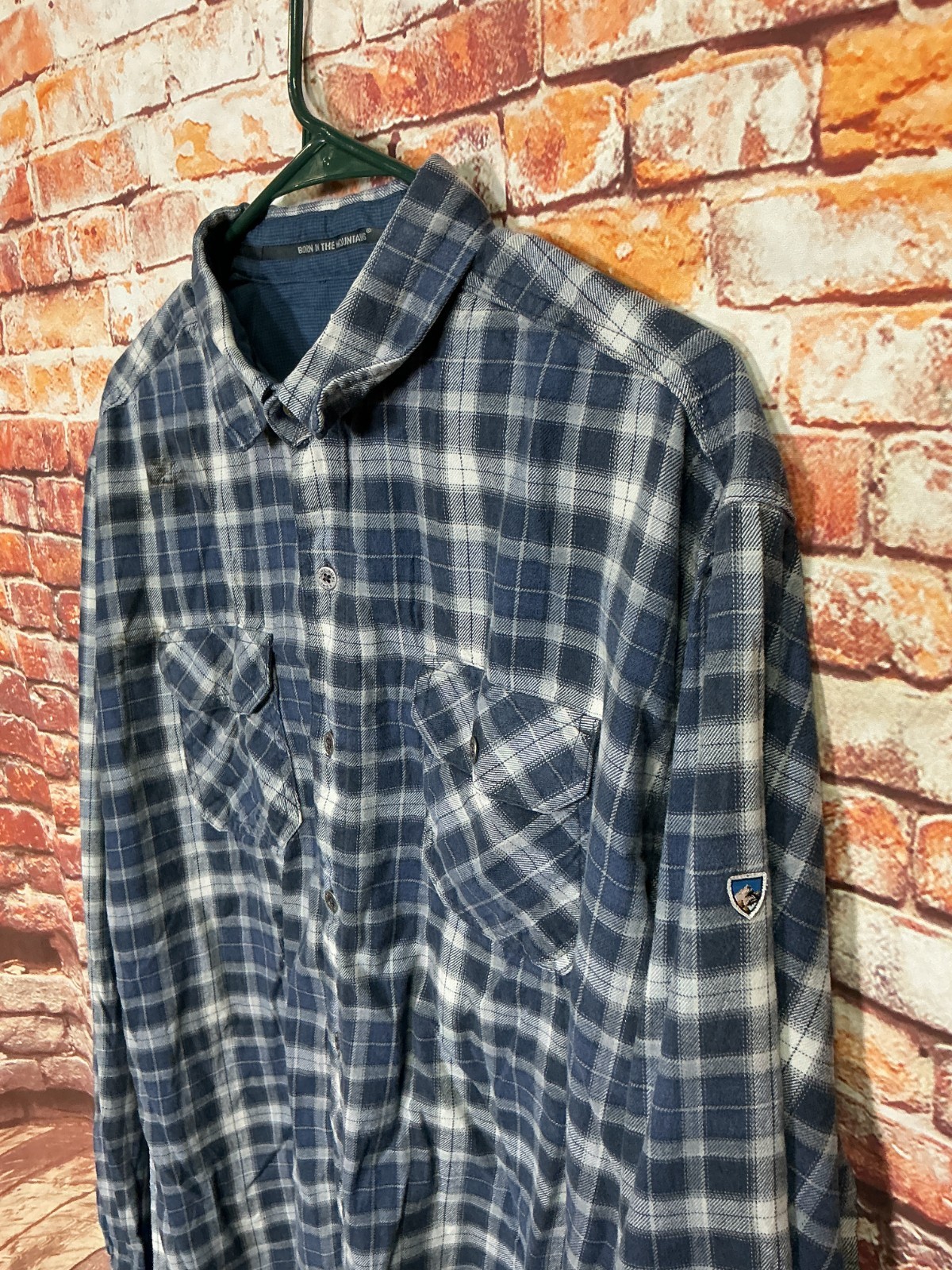 KUHL Flannel Shirt Mens XL Blue Plaid Long Sleeve Button Down Outdoor Camping