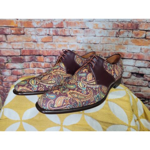 Lorens Mens 9 Paisley Jacquard Leather Formal Loafer Shoes Red Brown NWT
