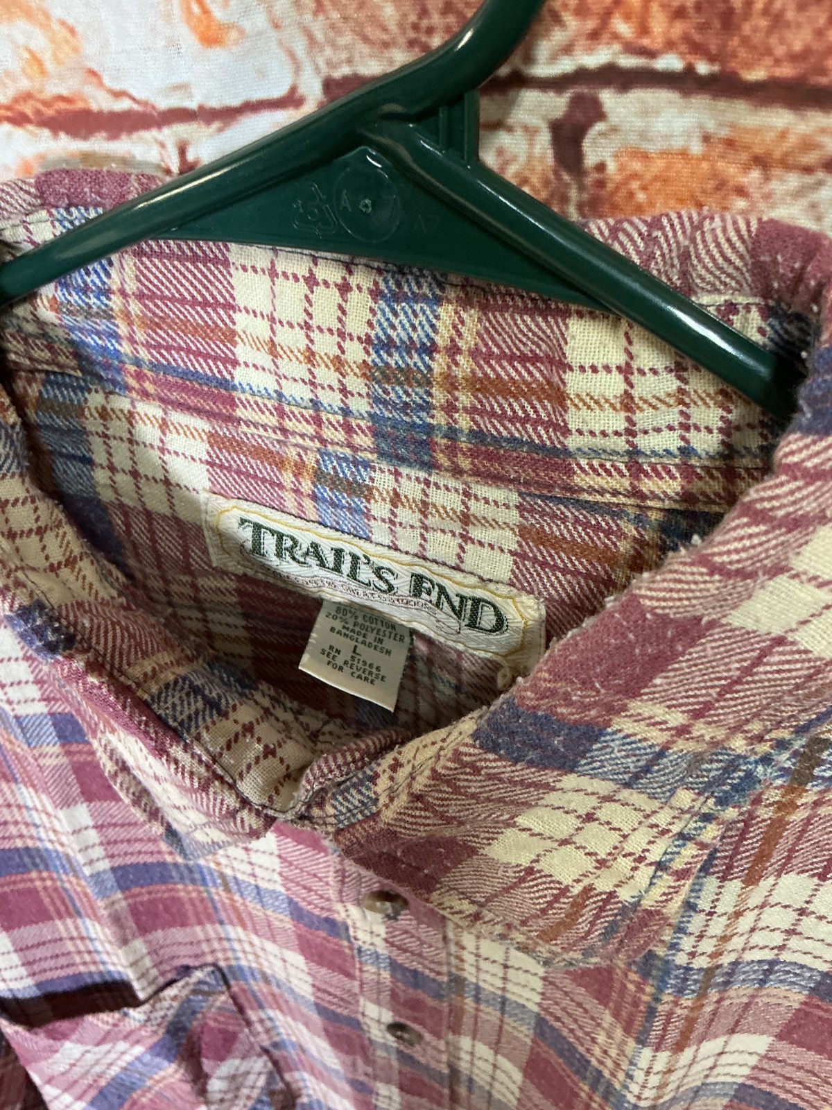Trail’s End Cream/Burgundy/Blue Plaid Flannel Cotton Large (L) Shirt