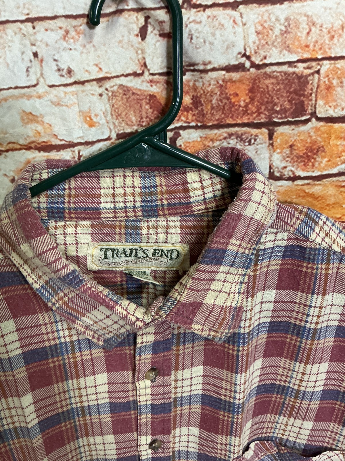 Trail’s End Cream/Burgundy/Blue Plaid Flannel Cotton Large (L) Shirt
