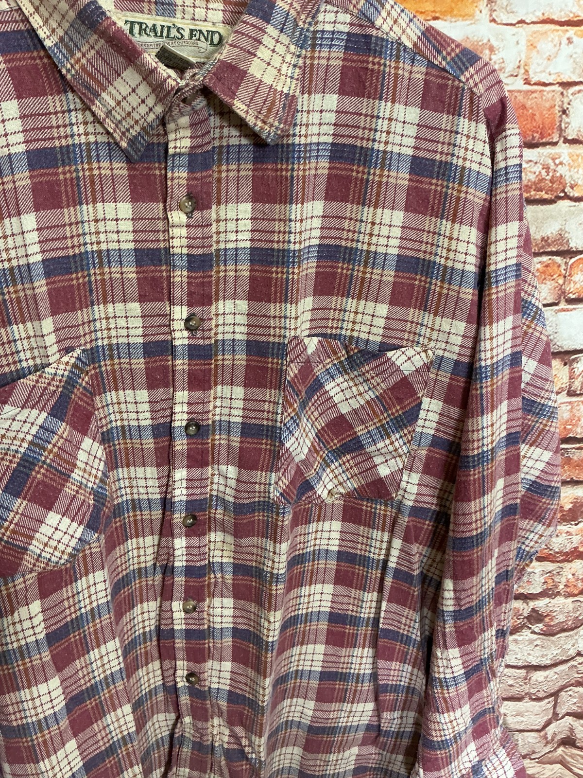 Trail’s End Cream/Burgundy/Blue Plaid Flannel Cotton Large (L) Shirt