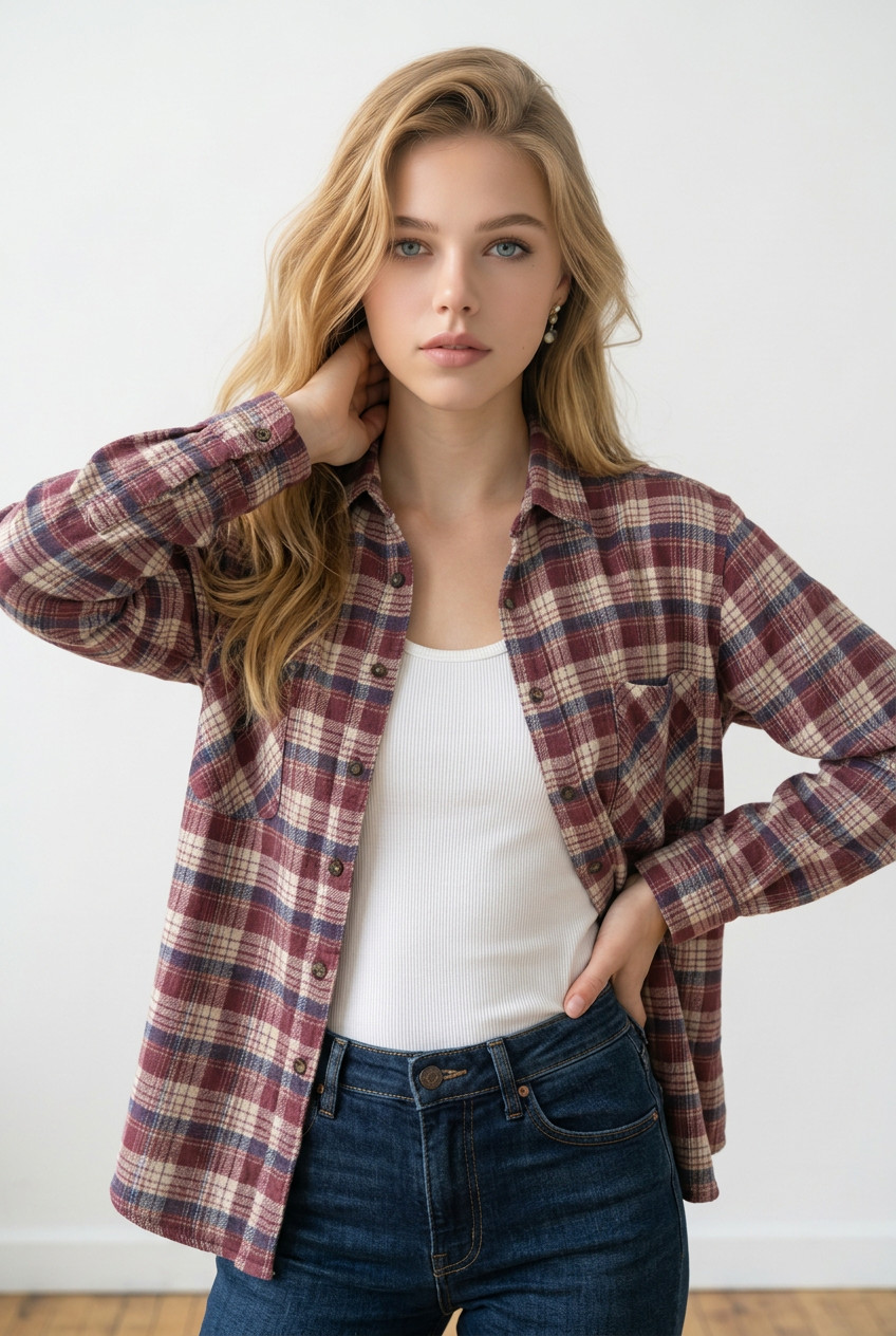 Trail’s End Cream/Burgundy/Blue Plaid Flannel Cotton Large (L) Shirt