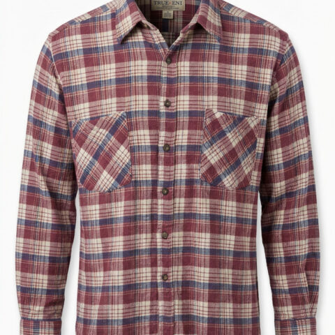 Trail’s End Cream/Burgundy/Blue Plaid Flannel Cotton Large (L) Shirt
