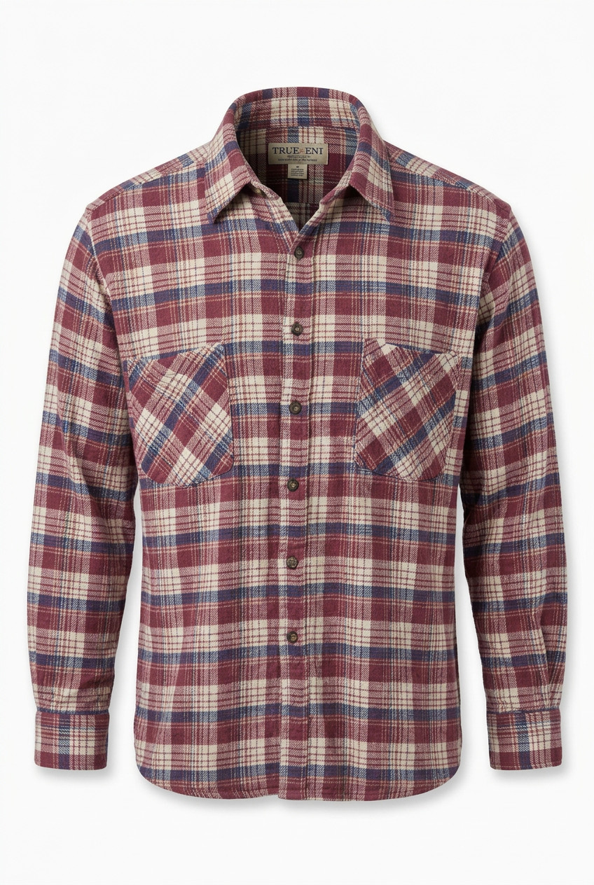 Trail’s End Cream/Burgundy/Blue Plaid Flannel Cotton Large (L) Shirt