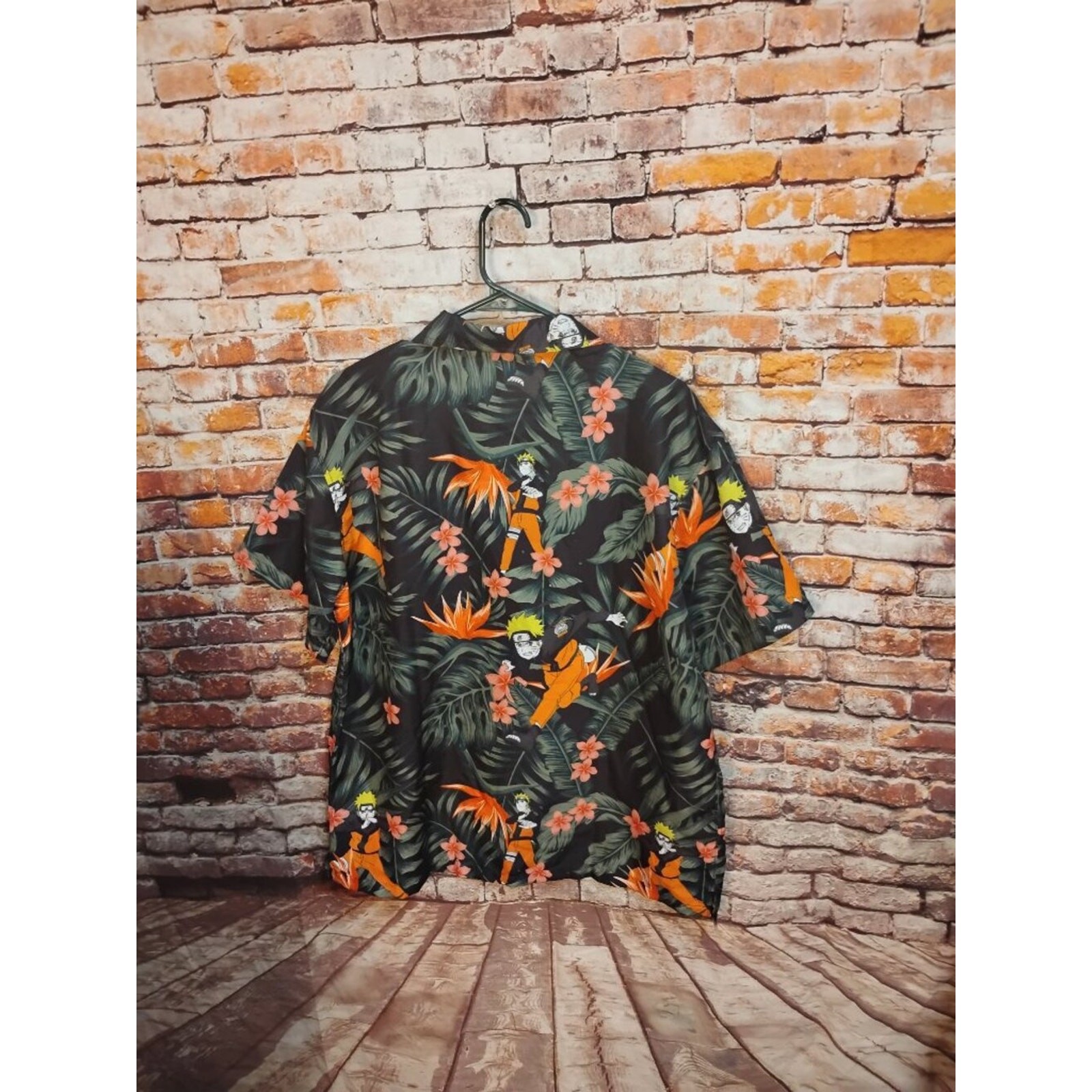 Naruto Mens Black Hawaiian Shirt Size L Anime Print