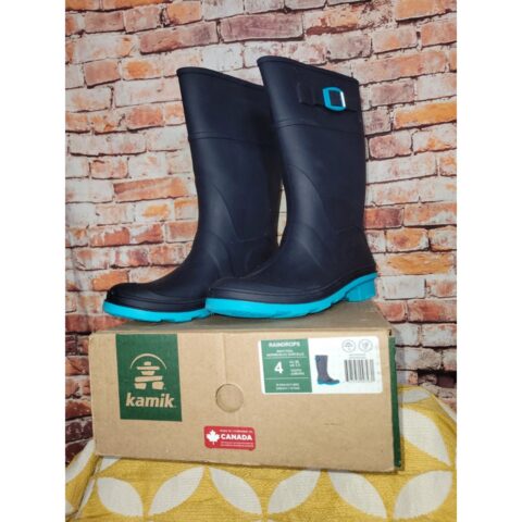 Kamik Rainbow Kids’ Raindrops Rain Boots Size 4 Navy Teal Waterproof