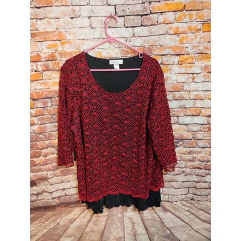 CJ Banks Womens 2X Red Black Knit 3/4 Sleeve Top Shirt