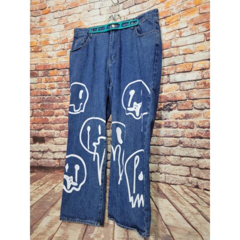 Shein Size 3XL Psychedelic Smiley Face Print Jeans Blue Denim