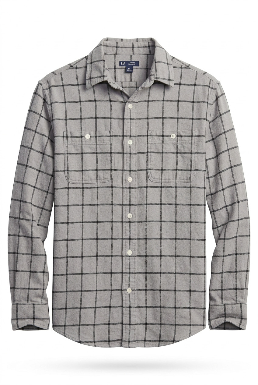 Gap Mens Flannel Shirt Small Gray Windowpane Plaid Long Sleeve Standard Fit