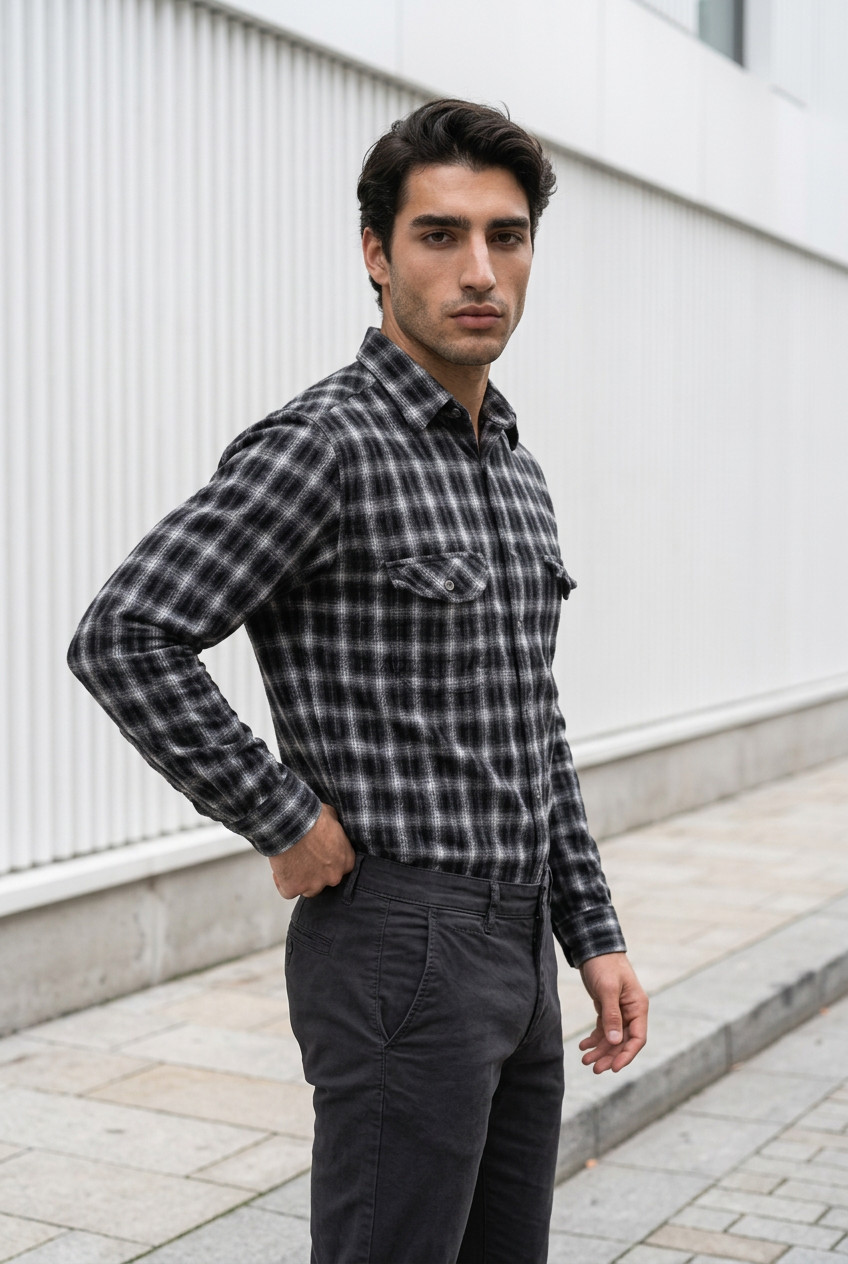 Field and Stream Flannel Shirt Mens Large Black Gray White Ombre Plaid Button Up