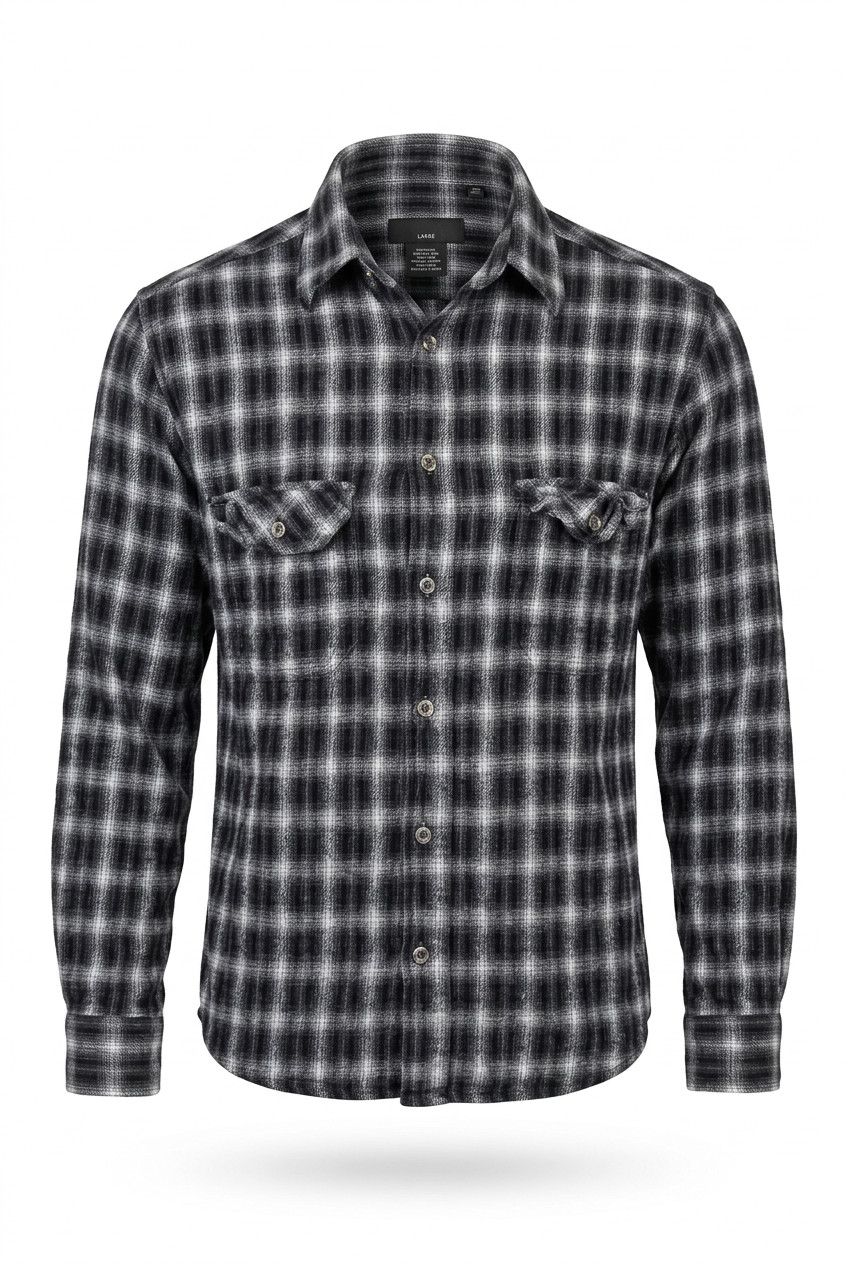 Field and Stream Flannel Shirt Mens Large Black Gray White Ombre Plaid Button Up