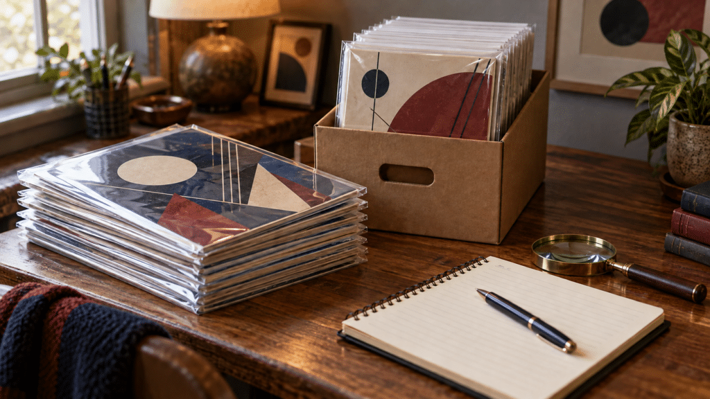 Protected comic books, backing boards, a storage box, notebook and magnifying glass on a collector's desk