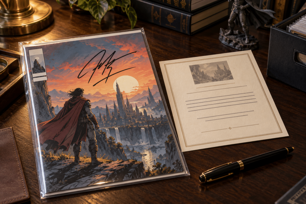 Illustrative fictional signed comic beside a sample provenance document and pen.