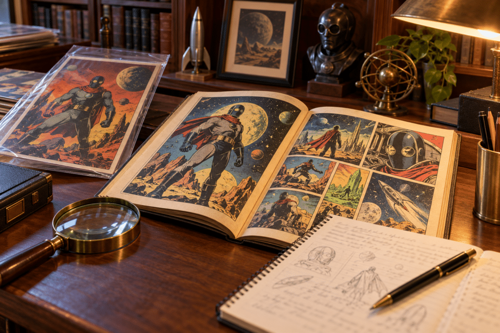 An open fictional comic, a bagged issue, magnifying glass and research notebook on a collector desk.