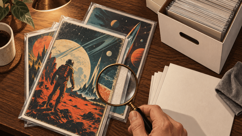 Illustration of bagged comics, backing boards and a magnifying glass on a collector’s desk