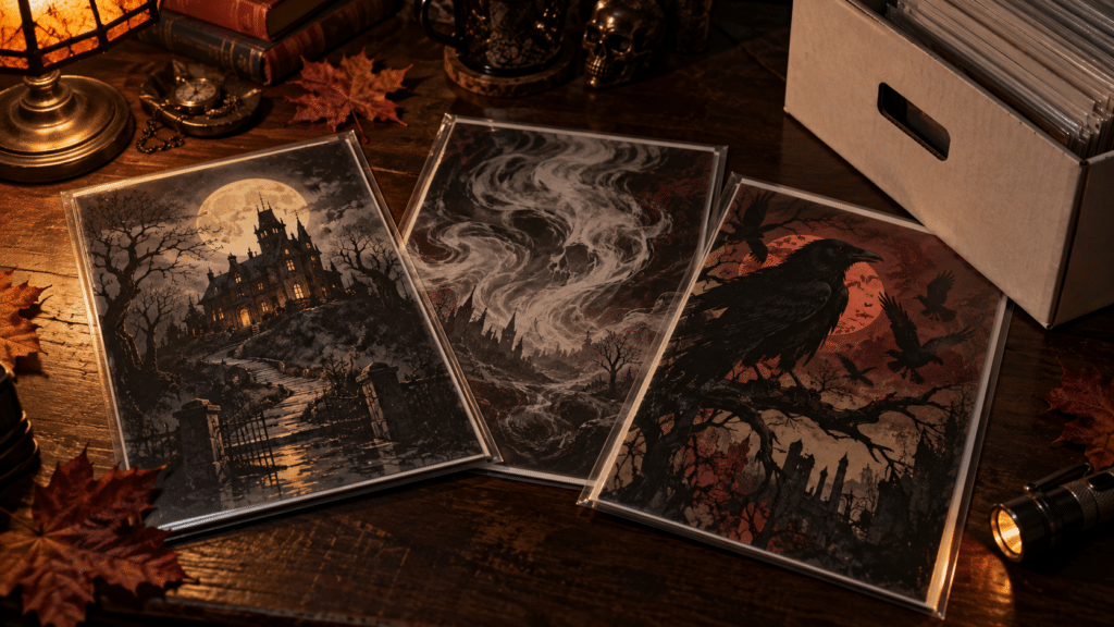 Three bagged comics with original gothic illustrations beside a storage box and autumn leaves