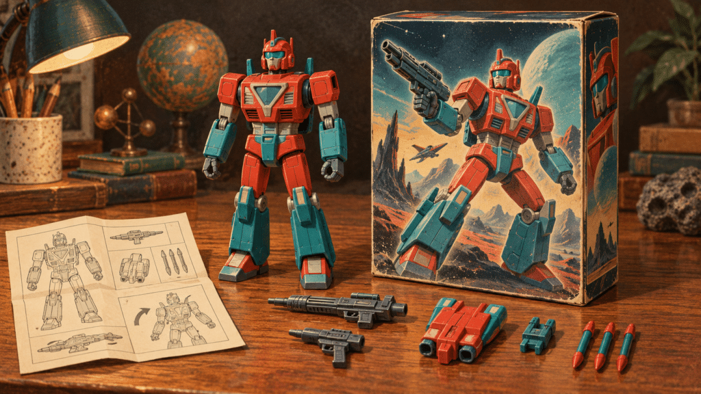 Illustration of a red and teal toy robot with its box, accessories and instructions